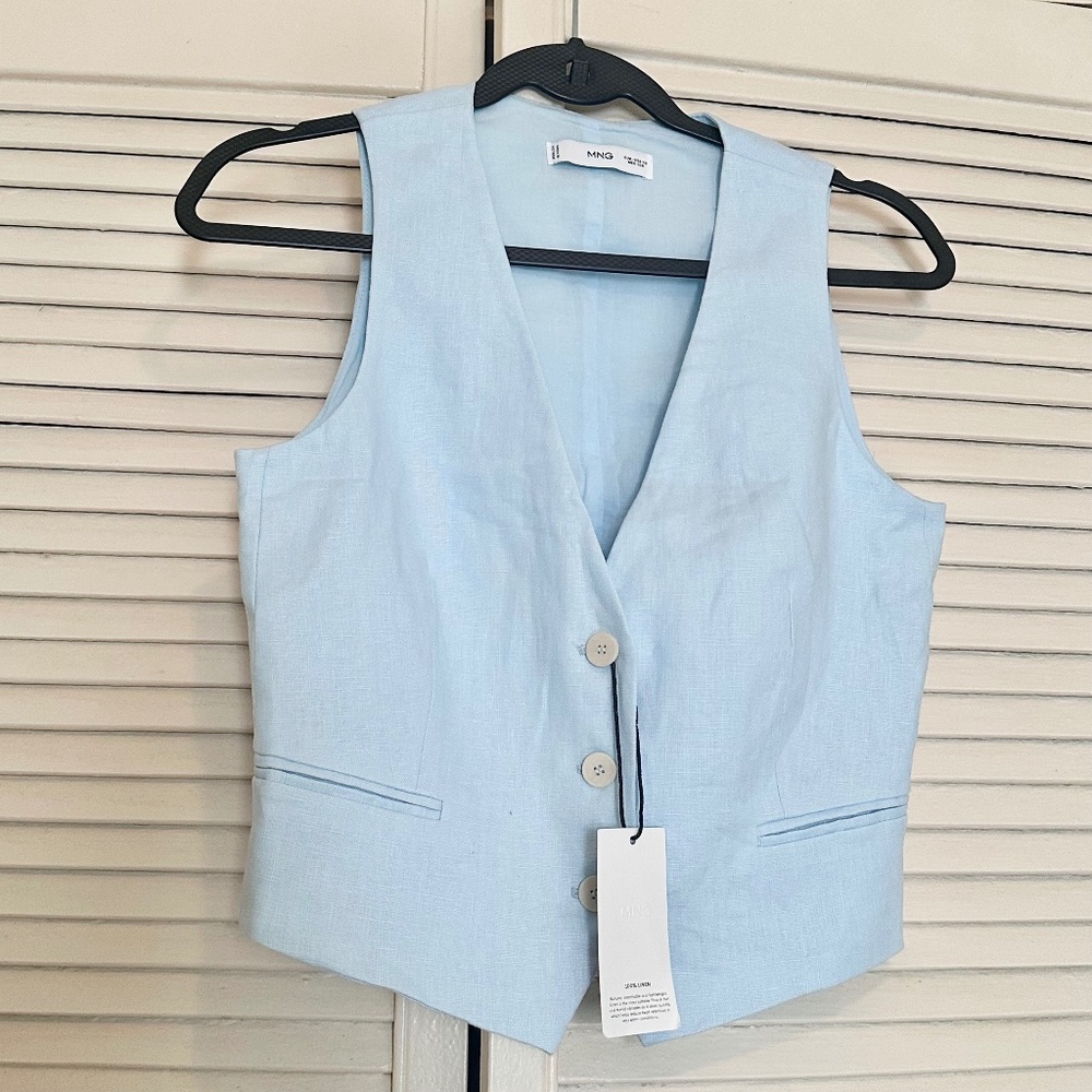 BNWT Mango 100% Linen Baby Blue Vest Waistcoat